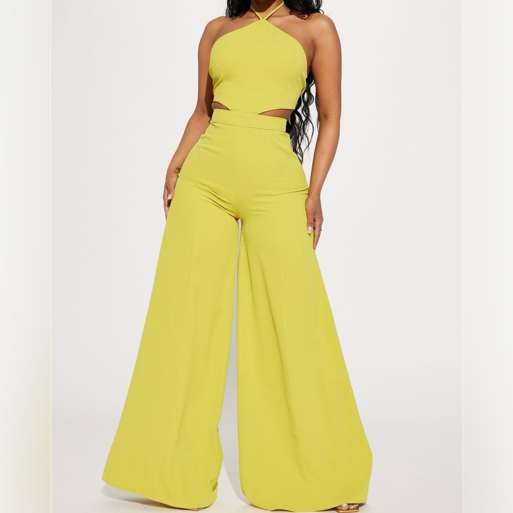 Wide-Leg Halter Cutout Jumpsuit - Lime